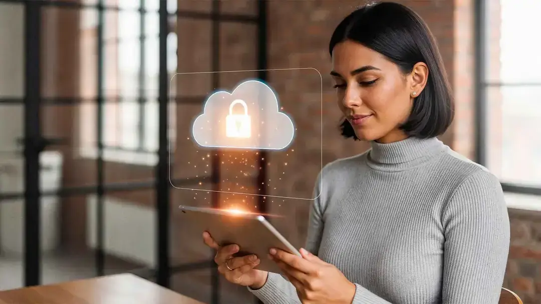 Mulher em pé segurando e olhando para a tela de um tablet