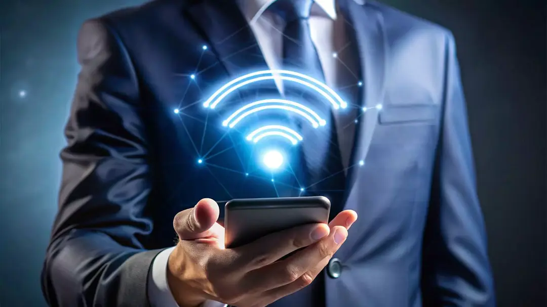 Homem segurando um celular e uma ilustração de wifi projetada acima