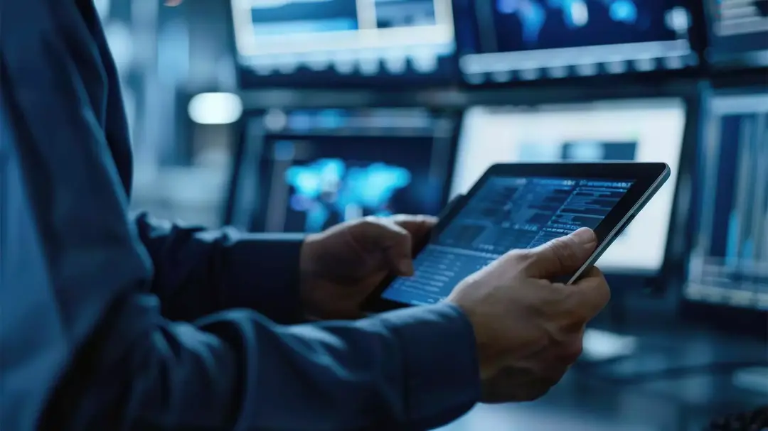 Pessoa analisando dados em um tablet diante de vários monitores